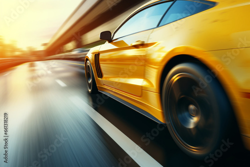 yellow car at high speed along the highway obscures the speed of movement 3d rendering AI generative   © Salawati
