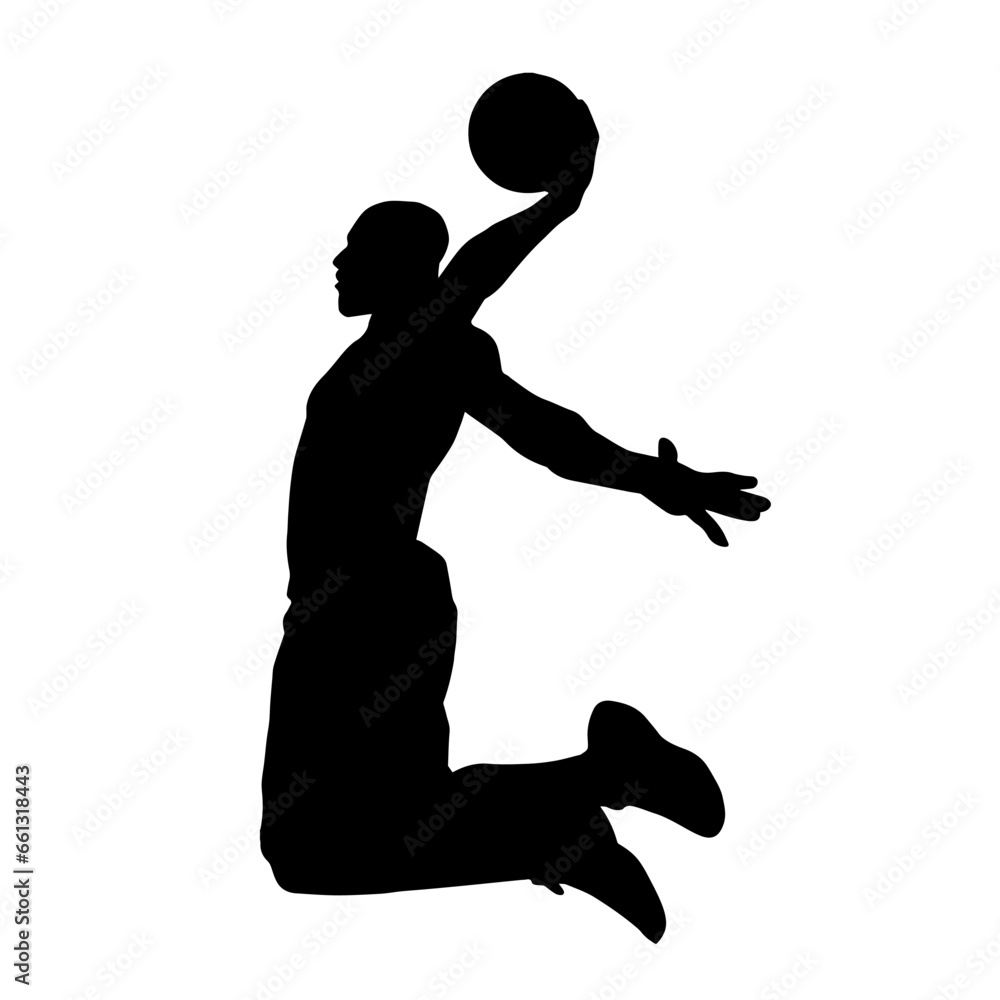 Silhouette of a basket ball player in action pose. Silhouette of a male basket ball athlete.