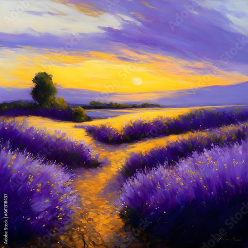 An enchanting symphony of lavender and gold sweeps across the canvas  evoking a sense of tranquility and opulence. The colors blend seamlessly  transitioning in gentle curves and cascades. The artwork