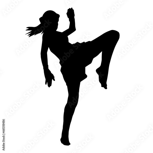 Silhouette of a woman doing kickboxing martial art. Silhouette of a sporty female muay thai athlete.