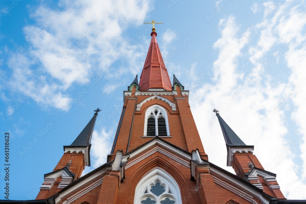 a tall steeple of a red brick church from a low angle