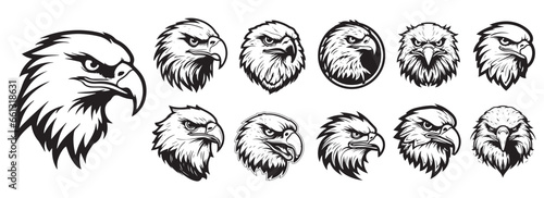 Eagle heads, black and white vector, silhouette shapes illustration