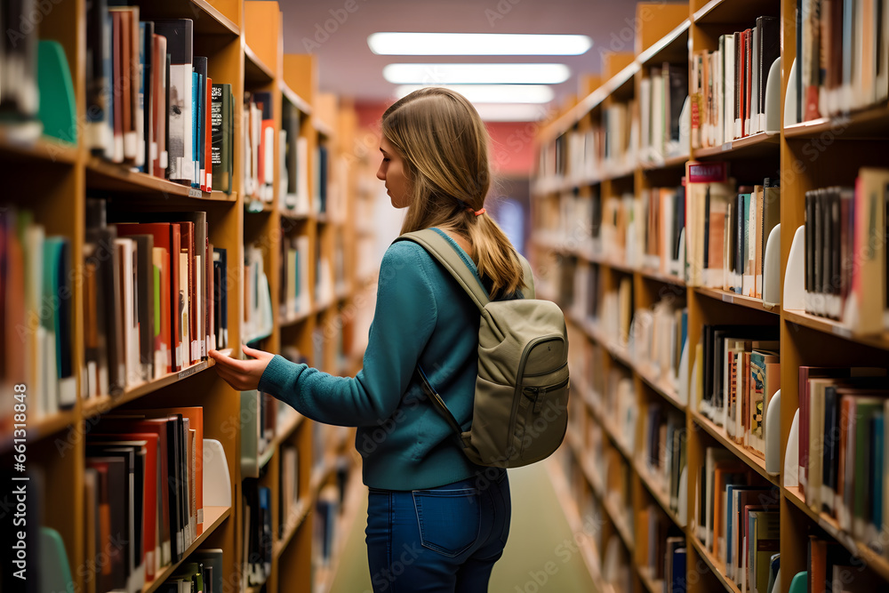 Young college student walking through library rows in search of literature for lecture Young college student walking through library rows in search of literature for lecture