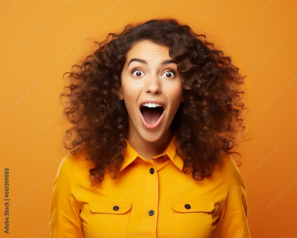 Wow, Young happy woman excited. Surprised woman portrait. Studio shot on yellow background. Generative AI