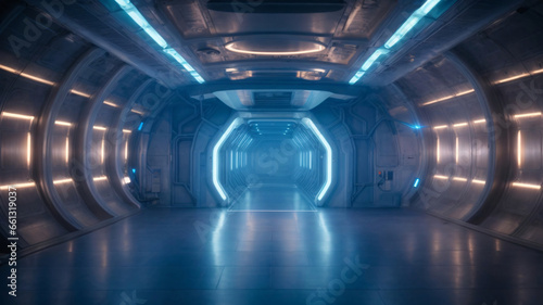 Futuristic science spaceship tunnel corridor with glowing lights 3d rendering wallpaper background