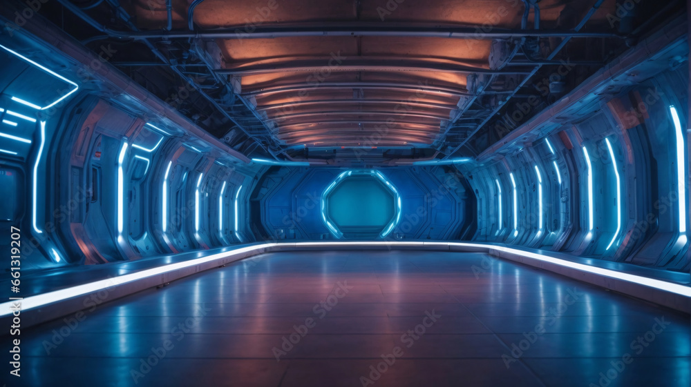 Fototapeta premium Futuristic science spaceship tunnel corridor with glowing lights 3d rendering wallpaper background