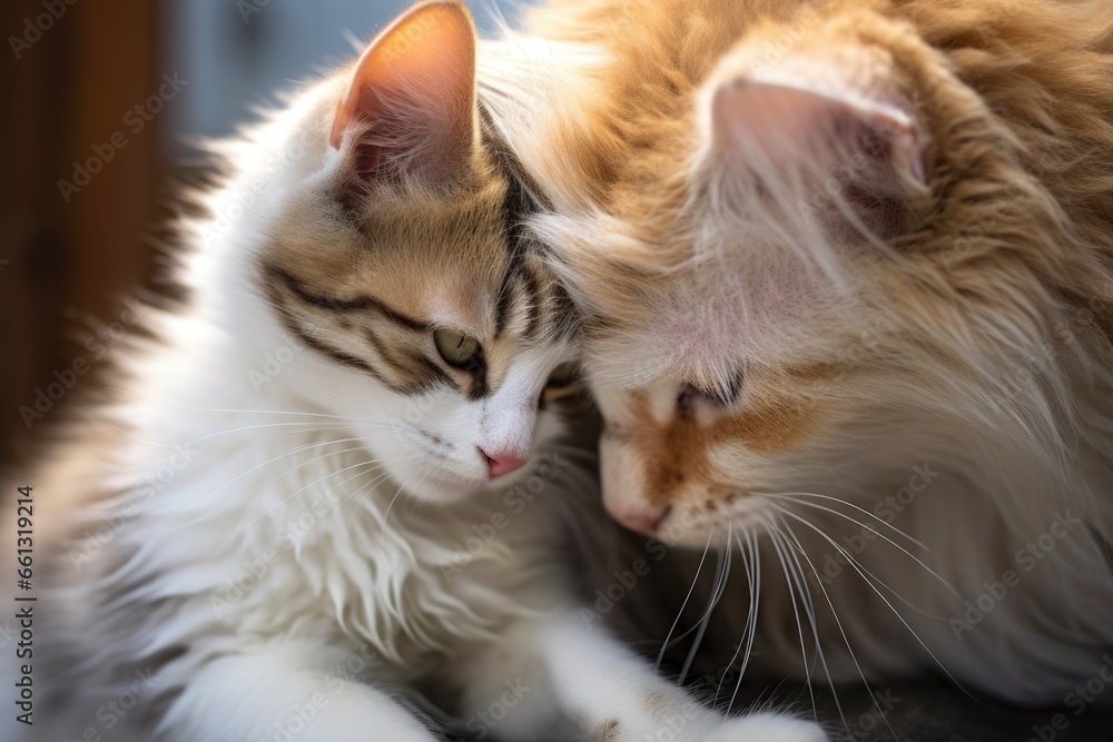 an older cat grooming a younger kitten an older cat grooming a younger kitten
