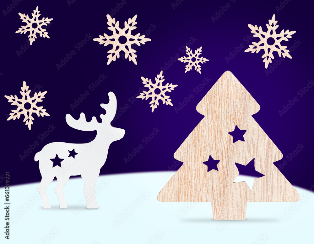 Wooden carved reindeer toy looking at christmas tree decorated with stars at night on new year's eve with snowflakes falling on dark blue sky used as celebration winter holiday greeting design