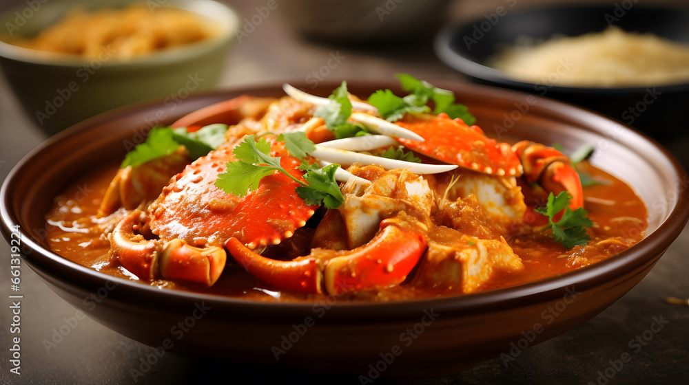 Pan with Singapore chili crab meal on table Pan with Singapore chili crab meal on table