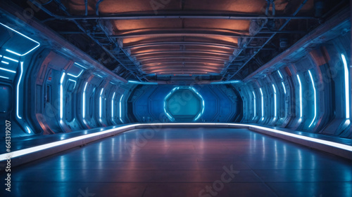 Futuristic science spaceship tunnel corridor with glowing lights 3d rendering wallpaper background photo