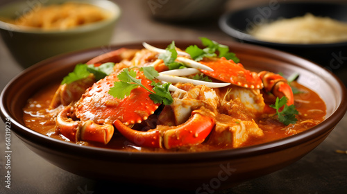 Pan with Singapore chili crab meal on table