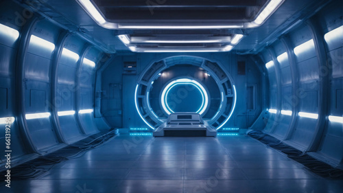 Futuristic science spaceship tunnel corridor with glowing lights 3d rendering wallpaper background