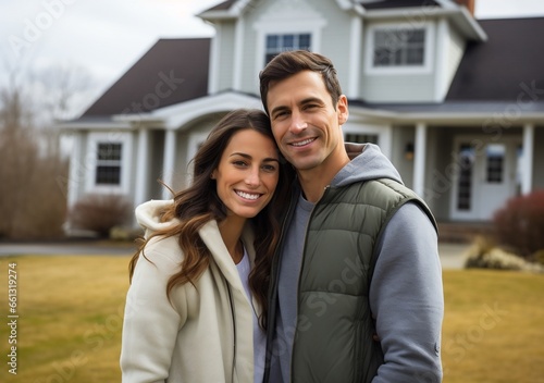 Young couple standing in front of newly purchased house. Proud smiling. Real estate accomplishment. Generative AI