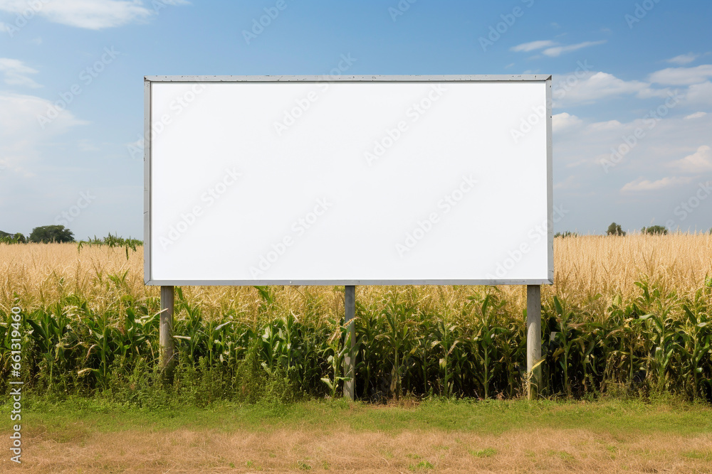Blank large billboard on the side of the road. Agricultural field and blue sky as background. Advertisement and marketing concept. Mockup banner for public publicity. Blank large billboard on the side of the road. Agricultural field and blue sky as background. Advertisement and marketing concept. Mockup banner for public publicity.