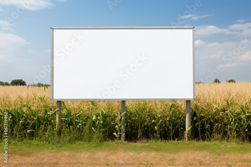 Blank large billboard on the side of the road. Agricultural field and blue sky as background. Advertisement and marketing concept. Mockup banner for public publicity.  photo