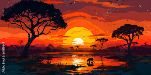 Sunset in Africa with tree and animal's silhouette