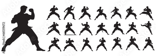 Karate fighter black and white vector  silhouette shapes illustration