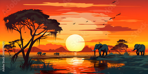 Sunset in Africa with tree and animal's silhouette