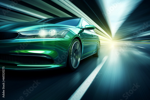 green car at high speed along the highway obscures the speed of movement 3d rendering AI generative   © Salawati
