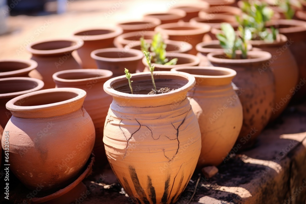 cracked clay pot in a lineup of intact pots cracked clay pot in a lineup of intact pots