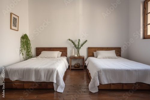 simple bedroom with two separate, neatly made beds © altitudevisual
