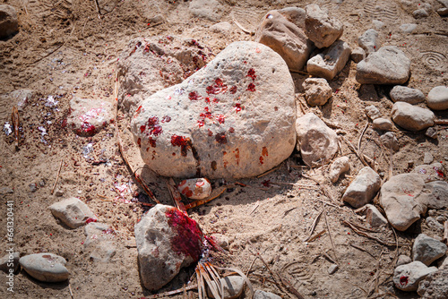 Bilde på lerret Close up of stains of fresh blood on crushed stone chippings in desert