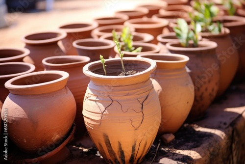 cracked clay pot in a lineup of intact pots © altitudevisual