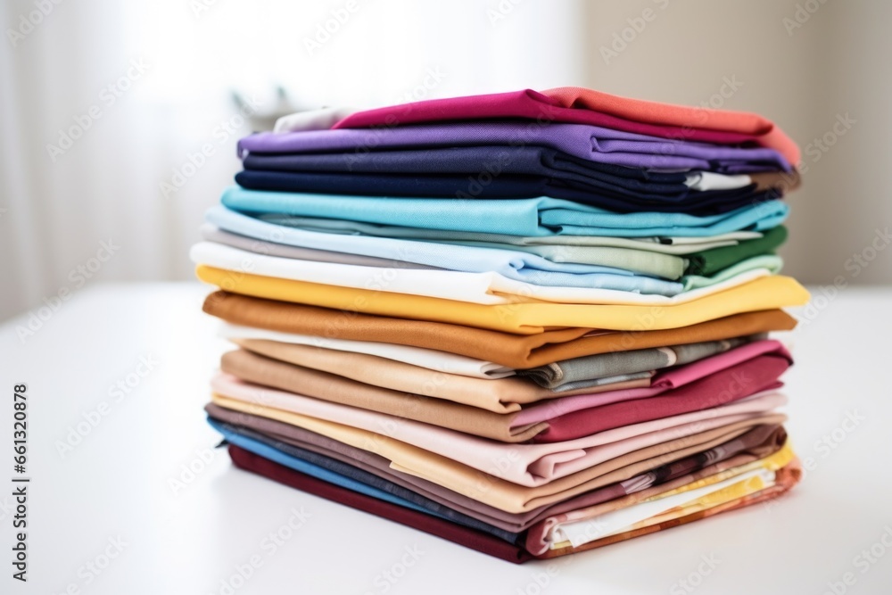 stack of multicolored fabric swatches on a white table stack of multicolored fabric swatches on a white table
