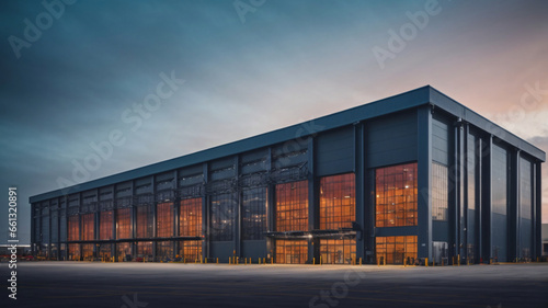 Modern industrial large warehouse with blue sky and clouds in the background. Industrial concept