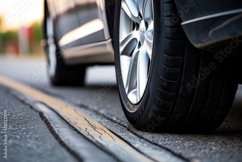 close-up of cars tire on zebra crossing line