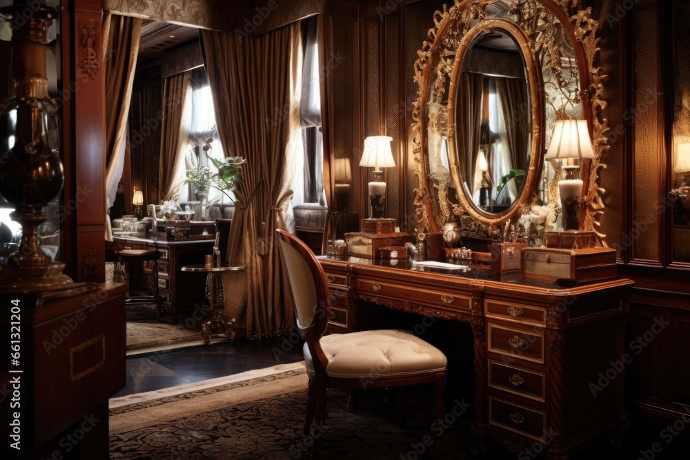 a room with large, ornate mirrors and a mahogany desk a room with large, ornate mirrors and a mahogany desk