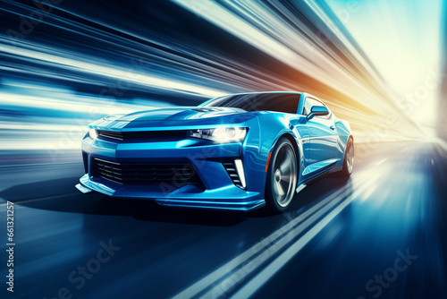 blue car at high speed along the highway obscures the speed of movement, 3d rendering. AI generative    © Salawati