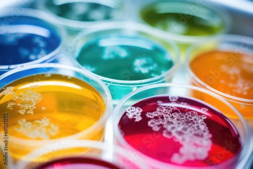 petri dishes with colored substances in a research lab