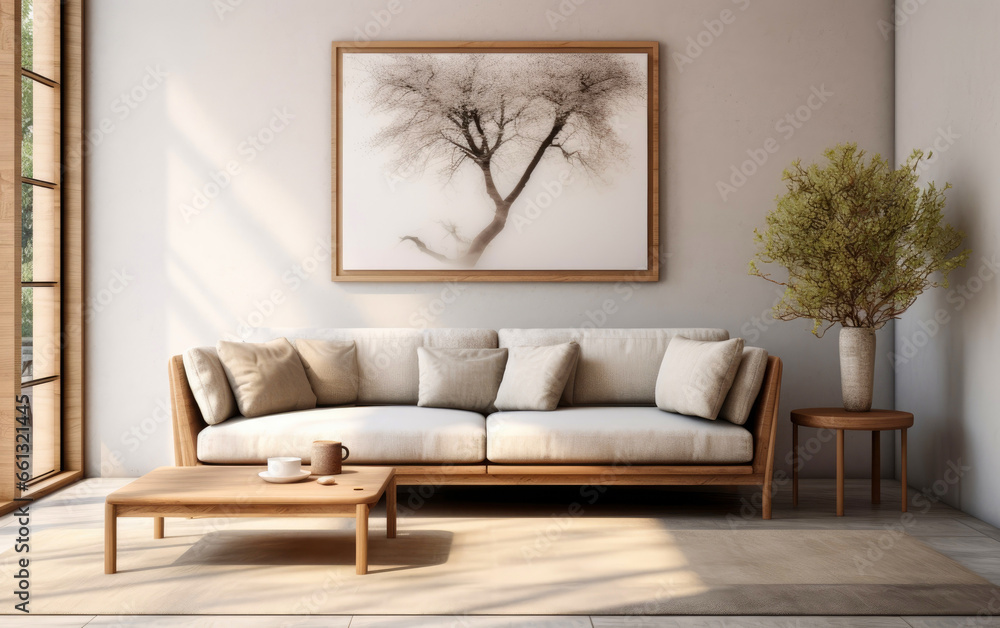 Modern interior sofa has light grey pillow and wood frame, in the style of meticulous lines, natural