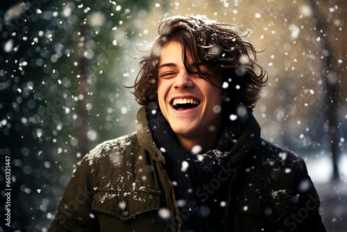 Young man laughing, catching snowflakes with his hands spread wide.
