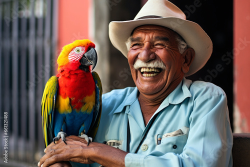 Elderly Central American gentleman chuckling, with a parrot on his shoulder. photo