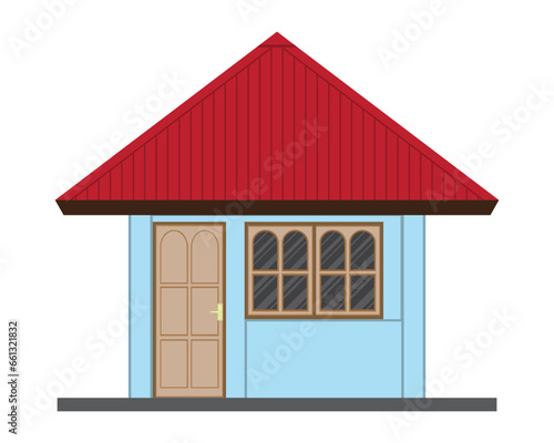 vector of a guard post or it could also be called a simple small house with a red triangular roof and light blue walls with one door and two brown windows