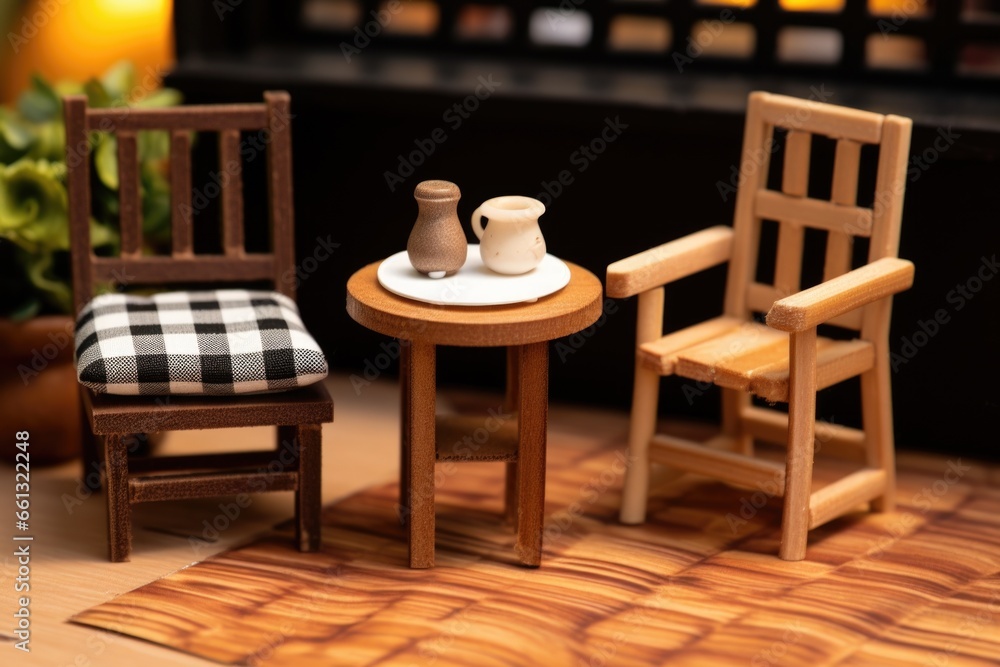 a miniature chair and table set in a room