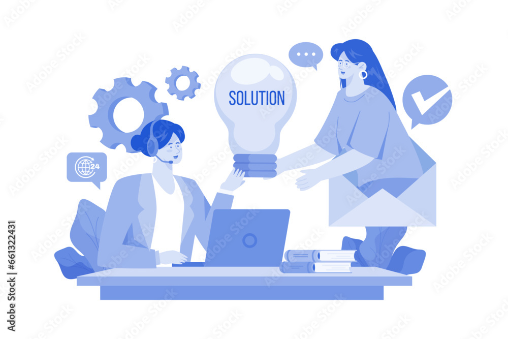 Call center operator talking with a client about the solution. Call center operator talking with a client about the solution.