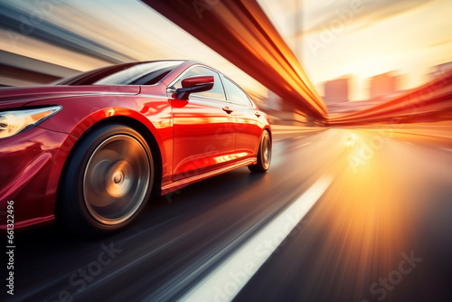red car at high speed along the highway obscures the speed of movement , 3d rendering , AI generative 