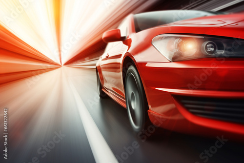 red car at high speed along the highway obscures the speed of movement , 3d rendering , AI generative 