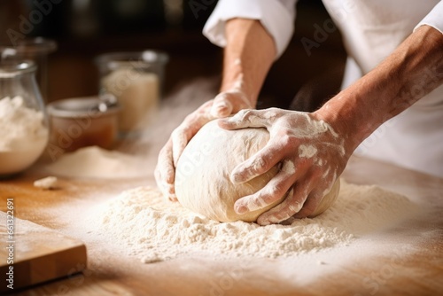 bakers hands kneading bread dough in bakery