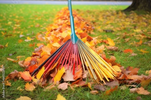 rake gathering colorful autumn leaves on grass