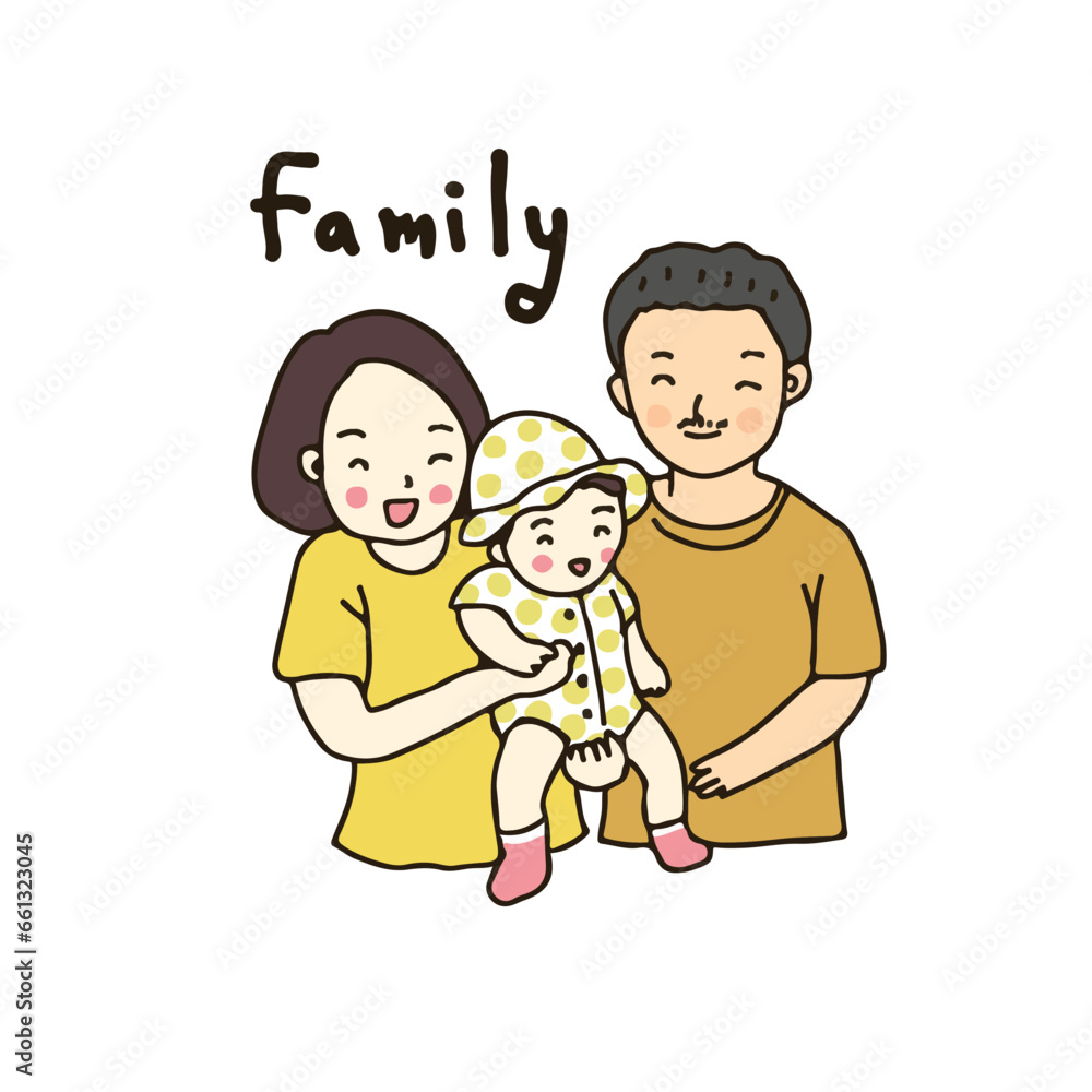 Happy family. Father, mother and daughter together. Hand drawn style vector illustration