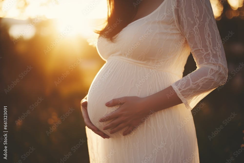 Close-up of pregnant woman with hands on her belly outdoors - obrazy, fototapety, plakaty 