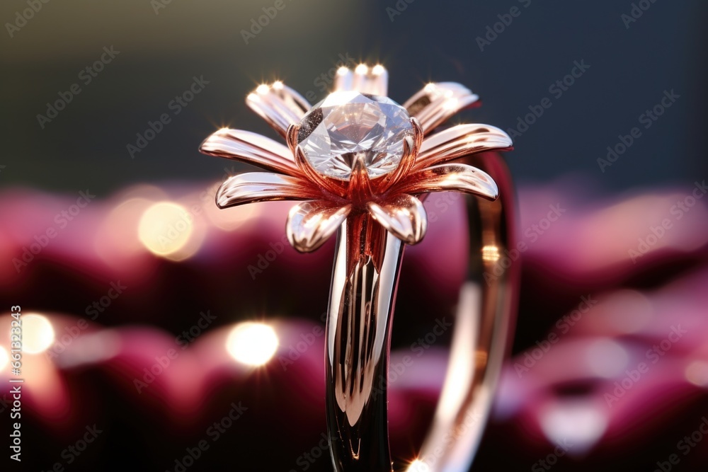 rose gold wedding rings on a daisy bud, with morning sunlight rose gold wedding rings on a daisy bud, with morning sunlight
