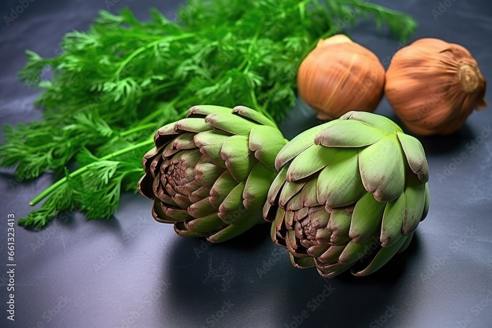 Fototapeta premium whole, fresh artichokes on a dark stone background