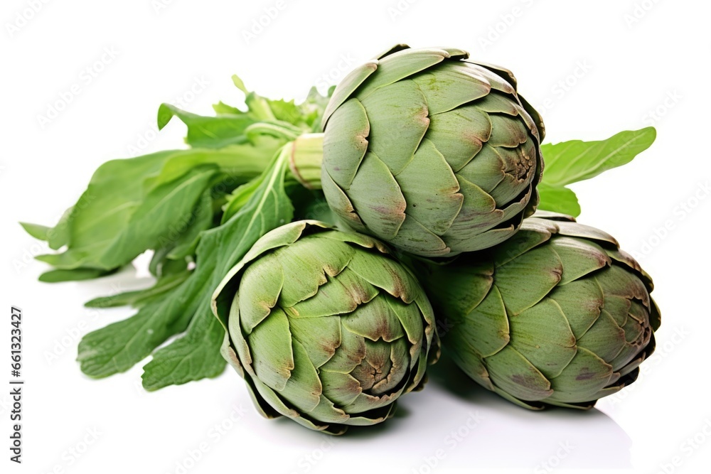 Fototapeta premium freshly picked artichokes arranged on a white background