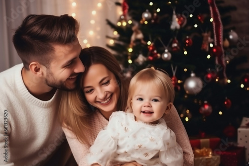 Photo of a family posing in front of a beautifully decorated Christmas tree