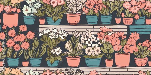 Seamless pattern with flowers in pots, branch, leaves, flower market. Creative floral texture. Great for fabric, textile Vector Illustration